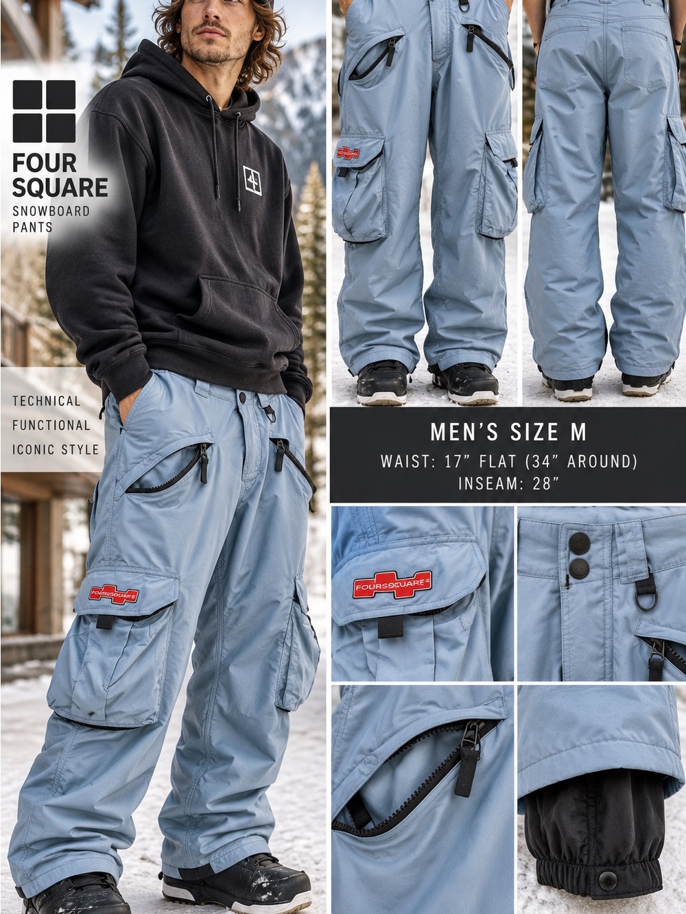 FourSquare Outerwear Snowboard Pants M Blue Gray Cargo Ski Snow Pants Y2K
